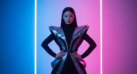 Naklejka premium Confident Woman in Avant-Garde Futuristic Fashion with Neon Lights