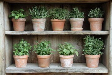 Fototapeta premium Herbs in terracotta pots on wooden shelves