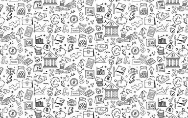 Set of money and banking doodle related objects and element finance design seamless pattern