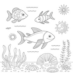 Hand drawn illustration of three fish swimming with seaweed and shells in a simple outline style