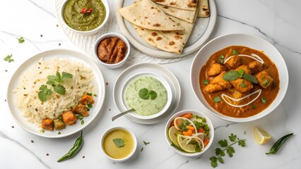 Delicious indian food spread with various curries rice naan and chutneys