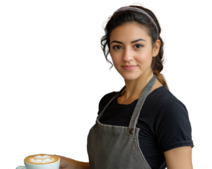Smiling barista holding a latte art coffee cup in the coffee shop