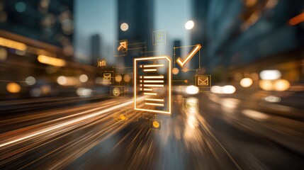 Futuristic document with checkmark floats over a blurred city street at night