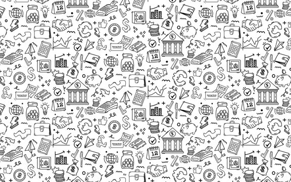 Set of money and banking doodle related objects and element finance design seamless pattern