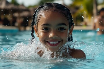 Little girl splashing water in a pool, enjoying the fun and excitement of swimming, capturing the essence of a beach resort vacation in a sunny destination, Generative AI