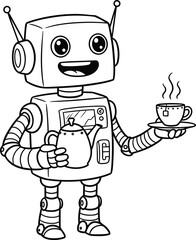 Cute Robot Serving Tea – Friendly Cartoon Android Character with Teapot and Cup in Fun Futuristic Lifestyle and Service Concept