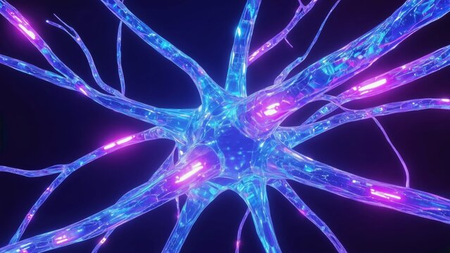A luminous neural network structure in vivid blue and purple glows against a black background, a stylized, scientific interpretation of artificial intelligence, digital cognition, and brain activity.