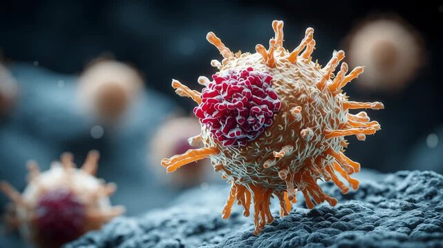 T Cell Surrounded by Medical Particles, Showcasing Immune Response and Cellular Activity with Vibrant Colors and Detailed Microscopic Biology