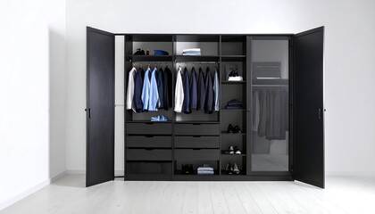 Fototapeta premium Modern black wardrobe with open doors, revealing neatly organized clothing and shoes