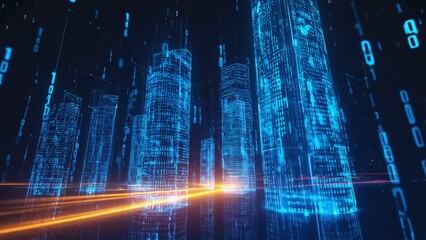 Futuristic smart city rendered in blue holographic structures with orange digital speed lines moving through, symbolizing high-tech data flow, communication infrastructure, and virtual metaverse.