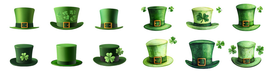 Collection set of Green St. Patrick's Day top hat isolated on a transparent background