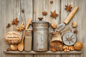 Fototapeta premium Rustic spice and nut display on wooden planks