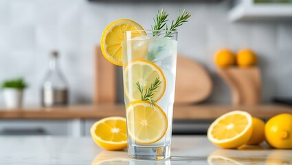 Fototapeta premium Cold sparkling lemon water with lemon wedges and rosemary in a tall crystal glass, minimalistic kitchen background