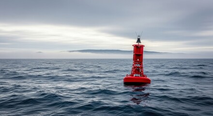 Red navigation buoy floating in a choppy ocean on a cloudy day