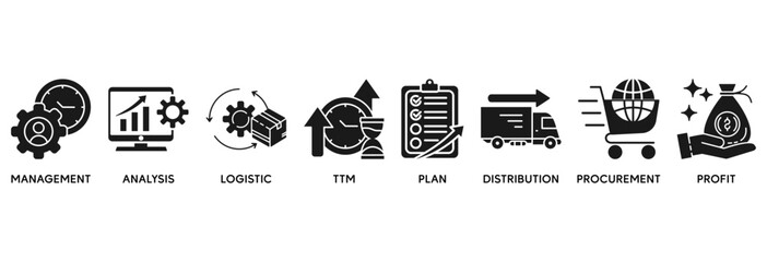 SCM icon set vector illustration concept relate to Supply Chain Management with icon of management, analysis, logistic, ttm, plan, distribution, procurement, and profit
