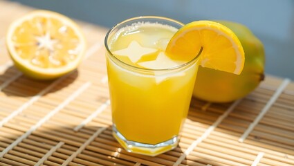 Fototapeta premium Cold starfruit juice with star-shaped slices in the glass, bright daylight on bamboo surface