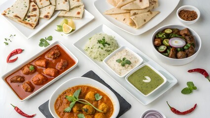 A vibrant overhead view of a delicious indian meal featuring various curries naan bread and chutneys