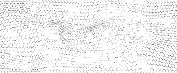 Fishing or soccer net. Repeated hexagon pattern. Black wired mesh texture isolated on white background. Metallic or fabric fence, cage or lattice structure. Vector graphic Illustration.