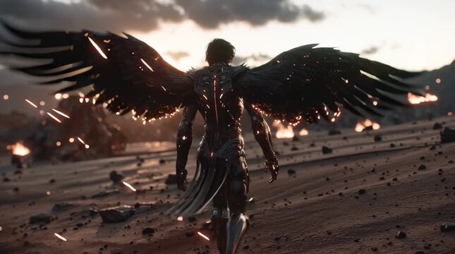  cinematic video of a fallen angel walking slowly through a desolate battlefield, burning black wings shedding embers, cracked armor glowing from within