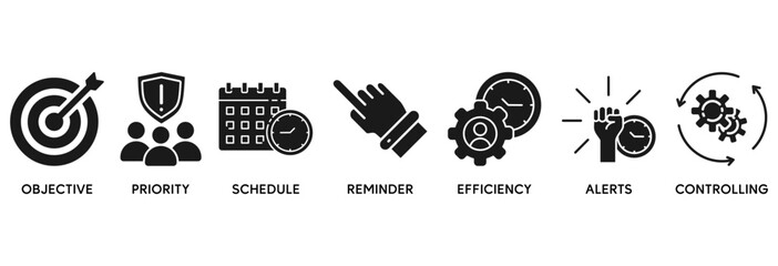 Time management icon set vector illustration concept relate to objective, priority, schedule, reminder, efficiency, alerts, and controlling