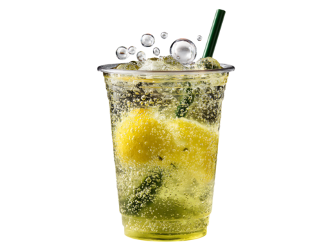 Refreshing lemon sparkling water summer drink in plastic cup, Isolated On White, Transparent Background, Png - Powered by Adobe