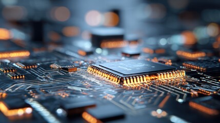 Close-up of a complex printed circuit board, glowing circuitry, blurred background