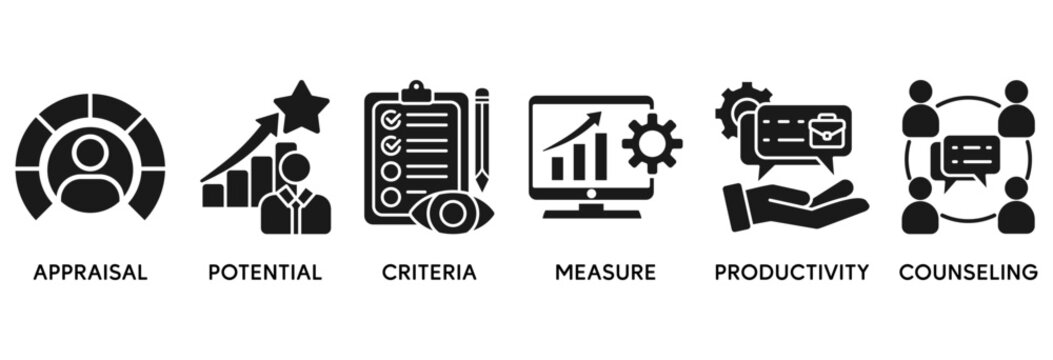 Performance review icon set vector illustration concept relate to employee job performance evaluation with an icon of appraisal, potential, criteria, measure, productivity, and counseling