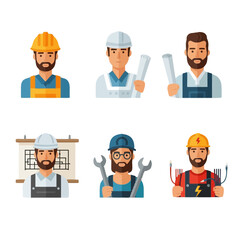 Six stylized illustrations of construction workers and engineers, each holding tools or plans.