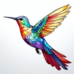 Obraz premium Vibrant stained glass hummingbird with colorful wings in mid-flight, showcasing intricate designs and natural beauty.