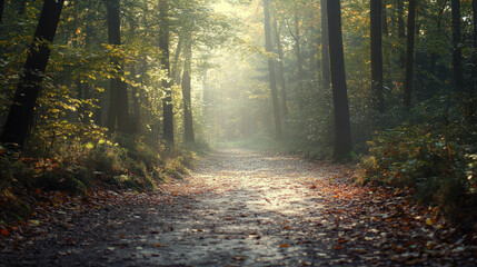 Fototapeta premium Forest trail with sunbeams piercing through tall trees perfect for hiking adventure wellness nature therapy and seasonal retreats
