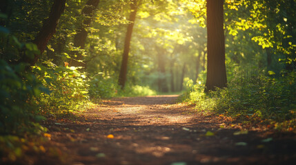 Serene forest path with warm sunlight and lush greenery great for wellness content peaceful escapes walking therapy or meditation