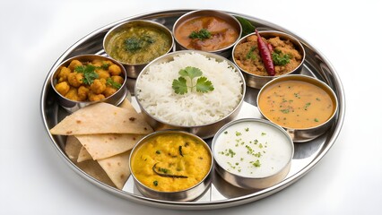 Traditional indian thali meal with rice dal curries and roti