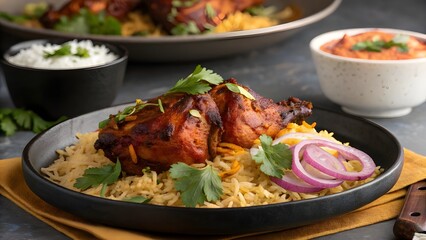 Delicious chicken biryani served with raita and salad on a dark surface
