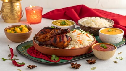 A delicious and hearty indian chicken curry with rice and side dishes presented beautifully for a festive meal
