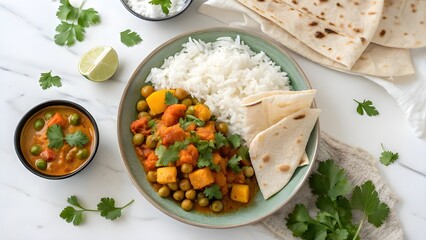 Delicious indian vegetable curry with rice and naan bread served on a light background