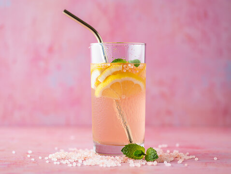 Refreshing pink lemonade with lemon slices and mint