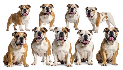 Nine English bulldogs in various poses against a white background
