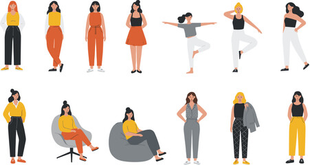 Stylized Modern Female Character Set in Lifestyle Poses – Ideal for UX Design, Branding, Fashion, Editorial, and Social Concepts