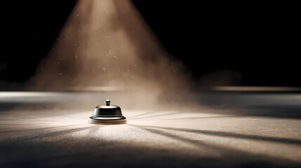 Obraz premium Dust particles illuminated by ceiling spotlight above empty lobby, reception bell casting radial shadow, shallow depth of focus. Illustration