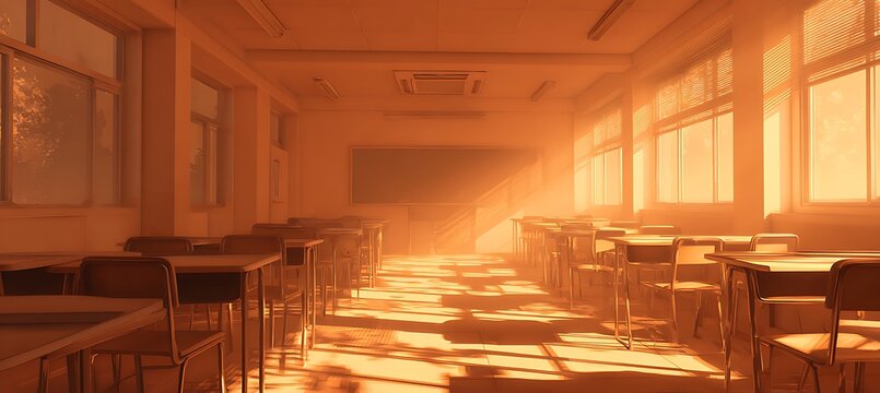 Deserted schoolyard shimmering in intense summer heat, doors locked and windows closed