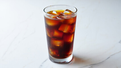 Tall glass of iced coffee with ice cubes on a marble surface