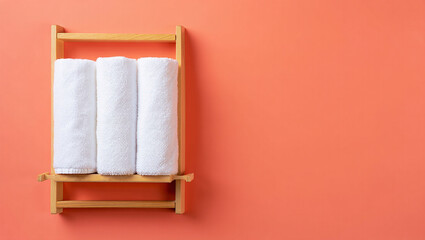 Fototapeta premium Clean white towels rolled on a wooden shelf against a coral background