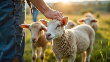 Gentle farmer's hand caressing a curious lamb in golden hour sunlight
