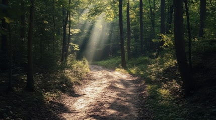 Forest trail with sunbeams shining through trees ideal for hiking nature wellness meditation or inspirational forest walk content