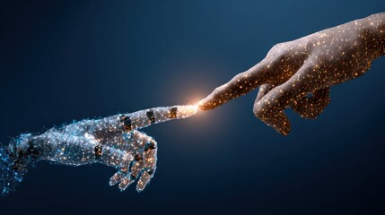 Two hands, one human and the other digital, touching index fingers with electric glow