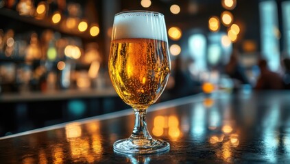 Beer glass filled with frothy golden liquid on a bar counter, with warm lights and a bokeh background, creating a cozy, social, and pub - inspired scene for nightlife, drink, and gathering themes.