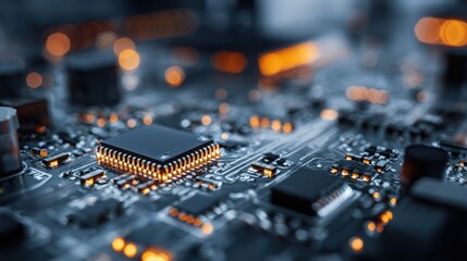 Obraz premium Macro shot of a circuit board with chips, tiny components, and warm, glowing lights