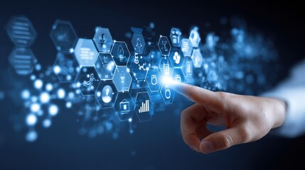 A hand touches a bright interface with hexagonal icons glowing in digital space