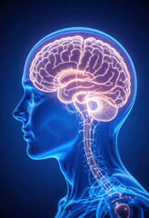 A detailed 3D rendering showcases the human brain's intricate structure, highlighting neural pathways and connections from the cerebrum to the spinal cord.