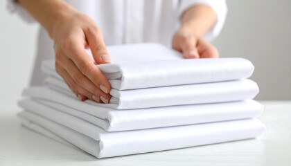Woman folding clean white sheets